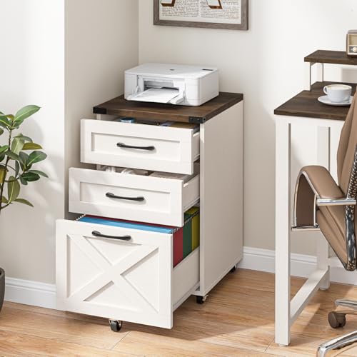 Halitaa Farmhouse 3 Drawer Small File Cabinet with Wheels, Rustic White - color: Rustic White and Brown