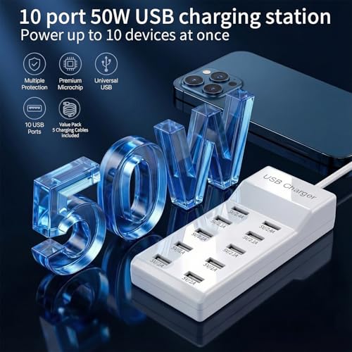 10-Port USB Charging Station, 50W 10A Desktop Charger with 5 A-to-C Cables