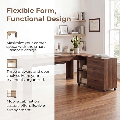 Tribesigns L Shaped Executive Desk with Drawers,Walnut | Large Office Desk with Rolling File Cabinet Combo,Home Office Computer Desk,Wooden Desk with Long Front Baffle - color: Walnut