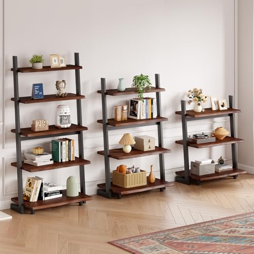 IBF 4-Tier Solid Wood Ladder Bookshelf with Natural Live Edge | Rustic Walnut Storage & Display Leaning Bookcase, Modern Space-Saving Shelf for Living Room, Bedroom, Home Office - size: 4 Tier