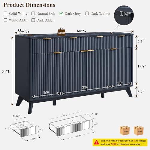 T4TREAM 60 Inch Fluted Buffet Sideboard Cabinet, Dark Grey | Modern Coffee Bar Storage Cabinet With 3 Drawers & 4 Doors, for Dining Room, Living Room, Hallway, Adjustable shelves - color: Dark Grey