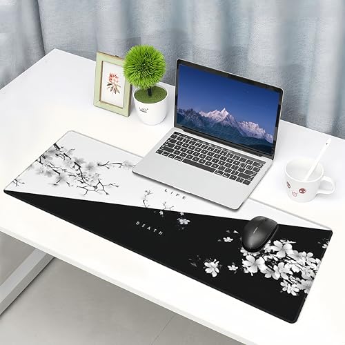 Black and White Gaming Mouse Pad,Large Life Death Desk Mat,31.5x12in | Extended Japanese Anime Cherry Blossom Mousepad with Stitched Edges,Washable Minimalist Keyboard Mat for Men,80x30 cm - color: White and Black