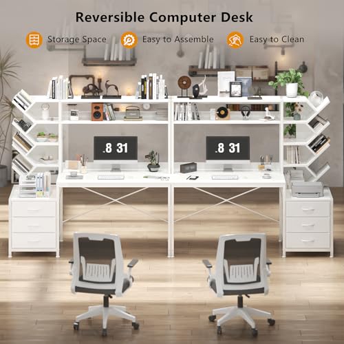 YOMILUVE 52" Computer Desk with Bookshelf, 3 Drawers & Hutch for Bedroom | White Office Desk with Printer Shelf, Study Writing Desk with Storage Shelves - color: White
