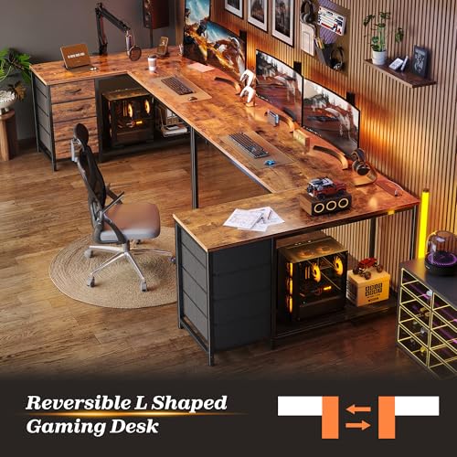 PRAISUN 53" L Shaped Desk with Power Outlets & 4 Drawers - color: Rustic Brown, size: 53 Inch