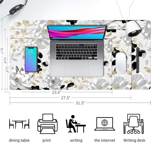 Large Mouse Pad, Black White Floral Desk Mat for Desktop 31.5" x 15.7" - color: Black White Floral, size: 31.5" x 15.7"