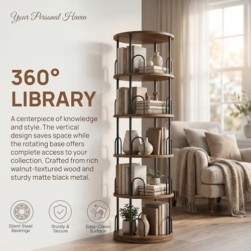 5 Tier Rotating Bookshelf Tower Spinning Bookshelf - color: Black, size: 5 Tiers