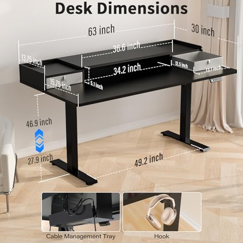 Kingant Standing Desk with Dual Drawers,Electric Height Adjustable 63"x 30" | Built-in USB A&C Charging ports Large Workstation, Heavy-Duty Sit Stand Up Desk For Home Office Daily Work,Black - color: Black, size: 63" x 30"