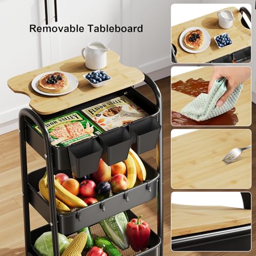 3 Tier Metal Heavy Duty Rolling Cart with Wheels & Wood Table Top, Black | Three-Tiered Organizer on Wheels, Storage Utility Cart for Craft, Art, Diaper Caddy, Baby Nursery, Office, Laundry,Snack,Book - color: Black
