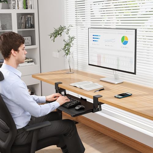 BONTEC KMT01-PJ Under Desk Keyboard Tray, Pull-Out Keyboard & Mouse Platform with C-Clamp, 20 x 11.8 in Space-Saving Ergonomic Slide-Out Drawer, Black Carbon Fiber - color: Black Carbon Fiber, size: 20" x 11.8"