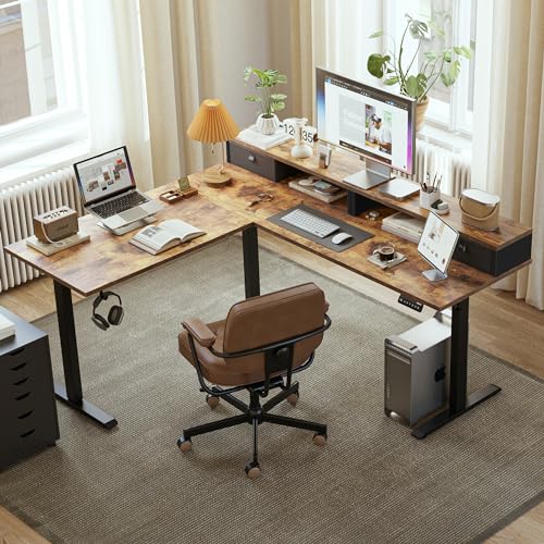 Agilestic 63 Inch L Shaped Electric Standing Desk with Drawer, Rustic Brown - color: Rustic Brown, size: 63x55.1 Inch Pro