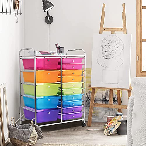 COSTWAY 15 Drawer Rolling Storage Cart, Mobile Utility Cart with Lockable Wheels, Drawers, Multipurpose Organizer Cart for Home, Office, School, Rainbow - color: Rainbow