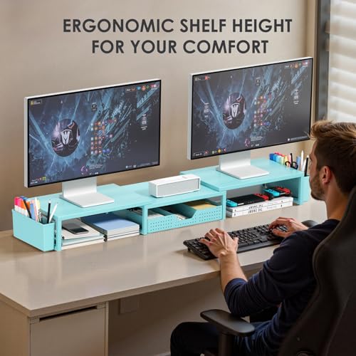 Desk Organizers and Accessories, Dual Monitor Stand Riser with Drawer and 2 Pen Holders, Desk Shelf Computer Racks & Printer Stand for Office Workspace Organizers, Desktop Organization (Blue) - color: Blue