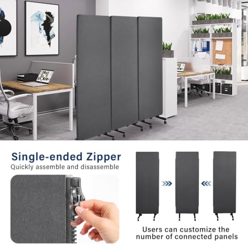 3-Panel Portable Office Partition,Mobile Acoustic Wall Divider with Wheels - color: Dark Gray, size: 3 Panel-72"Wide
