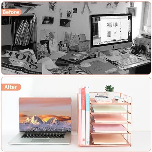 LEKETREE Desk Organizers and Accessories, 5-Tier Paper Letter Tray Organizer with File Holder, Desktop Organizer for Office Supplies (Rose Gold) - color: Rose Gold, size: 12" x 12" x 12"