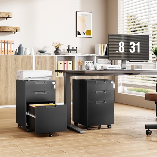 3-Drawer File Cabinet with Lock, Under Desk Rolling Filing Cabinet for Legal/Letter/A4 File Folder, Printer Stand, Metal Storage Cabinet on Wheels for Home Office(Fully Assembled,Black) - color: Black, size: 14.6"W x 23.6"H x 17.3"D