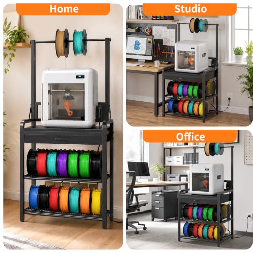 3D Printer Stand with Power Hub and Top Storage Shelf – Heavy Duty X-Bracket Stability, 3-Tier Storage & Tool Organizer for Workshop and Office - color: Black, size: 29.2" x 23.2" x 59" H