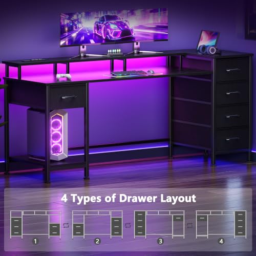 Korfile 61 Inch Gaming Computer Desk with Power Outlets,LED,5 Drawers,Black - color: Black, size: 61 Inch