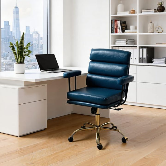 Leather Office Chair with Wheels,Ergonomic Swivel Rolling Task Chair,Padded Seat and Armrests,Adjustable Height Home Desk Chair,Executive Computer Chair, Gold Base Makeup Vanity Chair,Blue - color: Blue