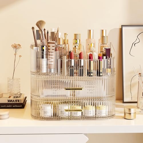 Large Makeup Organizer with Drawers, 360° Rotating Brush Holder | 3-Tier, Cosmetic storage for vanity, skincare, perfume, hair accessories, lipstick and jewelry, Clear - color: Clear, size: 3-layer