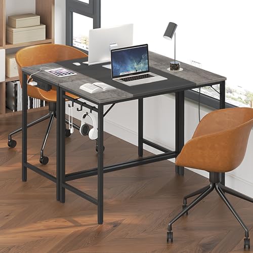 HOOBRO Computer Desk, 31.5 Inch Small Desk with Power Outlet, Writing Table with USB Charging Ports and 3 Hooks for Home Office, Bedroom, Easy to Assemble, Charcoal Gray and Black BC40UDN01 - color: Charcoal Gray + Black, size: 31.5"W x 15.7"D x 30.3"H