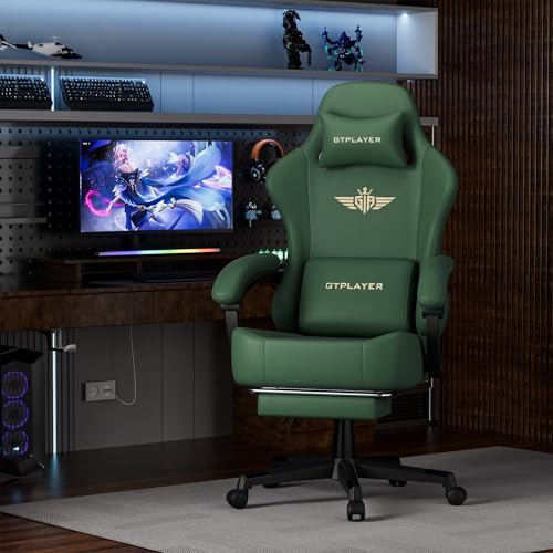 GTPLAYER Gaming Chair with Pocket Spring Cushion, Big and Tall Gamings Chairs 350LBS High Back Computer Chair with Footrest for Adults Lumbar Support Swivel Game Chair for Office, Leather Green - color: Green