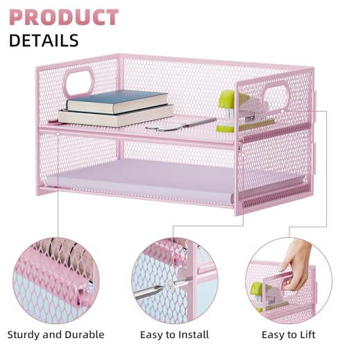 Marbrasse 2 Tier Paper Organizer Letter Tray, Mesh File Organizer with Handle, Paper Sorter Desk Organizer for Home Office Supplies - 2P Pink - color: Pink 2-pack
