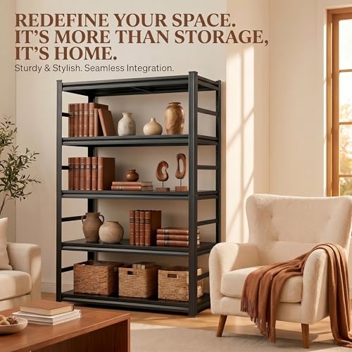 5 Tier Metal Book Shelf, Adjustable Tall Bookcase with Anti-Drop Fence | 72"H Heavy Duty 3000LBS Modern Deep Bookshelf, Bolt-Free Storage Shelves for Living Room, Home Office, Garage - size: Upgraded-36"W x 16"D x 72"H