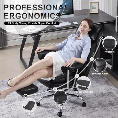 Big and Tall Office Chair, Executive Home Office Desk Chair, Comfy Leather High-Back Reclining Computer Chair with Retractable Footrest and Padded Arms, 360°Swivel Rolling Wheels, Wide Seat, Black - color: Black