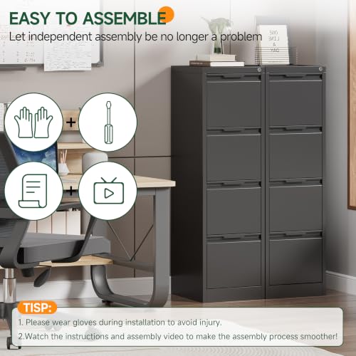 4 Drawer File Cabinet with Lock, Filing Cabinets for Home Office - color: Black, size: 4 Drawer - Vertical