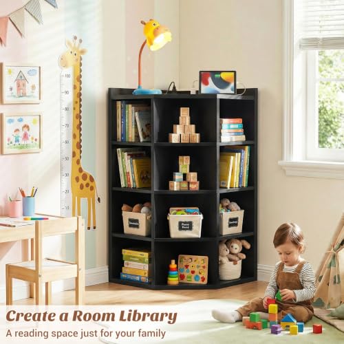Aheaplus Corner Cabinet, 5-Tier Corner Bookshelf with Power Outlets, Black | Corner Cube Storage Shelf with Top Table, Wooden L Cubby Toy Storage with 12 Cubes for Home Office, Bedroom, Living Room - color: Black, size: 5-Tier