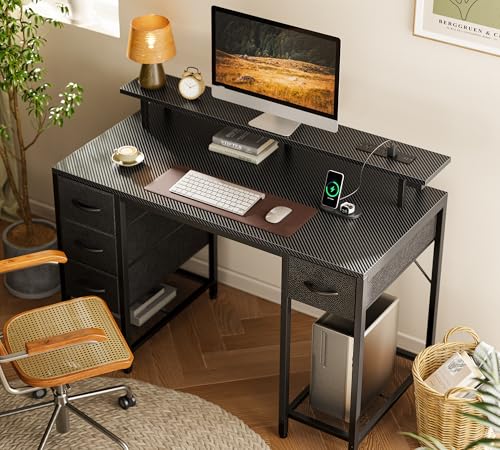Huuger 47 inch Computer Desk with Power Outlets & 4 Drawers - color: Carbon Fiber Black, size: 47 Inch
