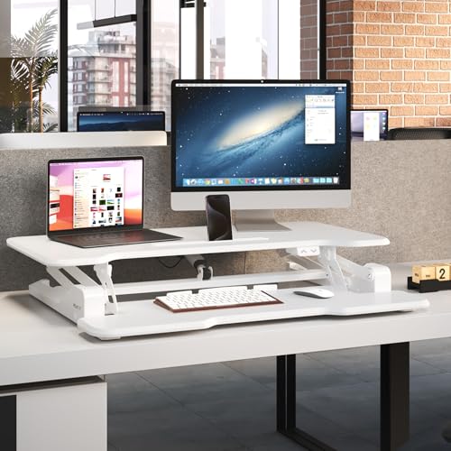 Mount-It! Electric Standing Desk Converter White 38 Inch Wide Tabletop, Stand up Desk Riser, Height Adjustable Sit Stand Desk, Fits Dual Monitors, Keyboard Tray, Device Slot, Monitor & Laptop - color: White
