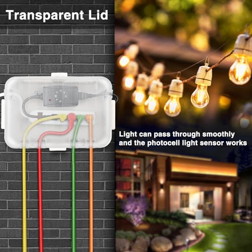 Flemoon Large Outdoor Electrical Box, Waterproof Extension Cord Cover | 6 Cable Entry Ports, IP54 Weatherproof Connection Box with Clear Lid for Photocell Light Sensor Timer, Outlet, Socket, White - color: Transparent and White, size: Large