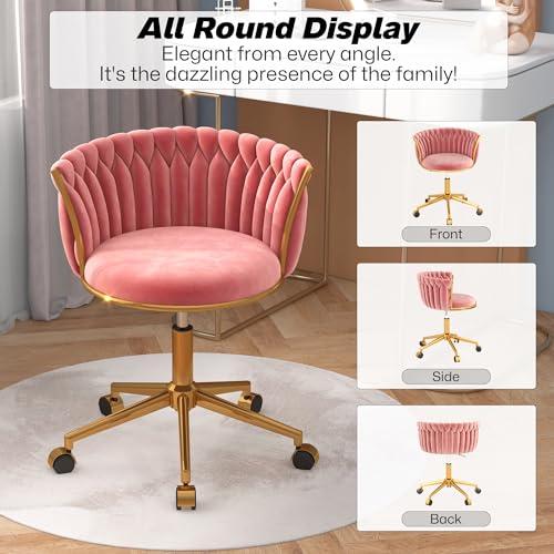 HENGJIANYI Velvet Woven Home Swivel Vanity Desk Chair with Gold Base, Pink | Modern Height Adjustable Office Chair with Metal Base and Hand Weaving Back Wheels for Bedroom Study Small Space girl women - color: Pink