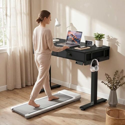KLUVIS Black Adjustable Desk with Storage, 39 Inch Small Black Desk with Drawers, Small Space Stand Up Computer Desks for Home Office Bedroom, Sit Stand Work Desks for Walking Pad - color: Black, size: 39.4''