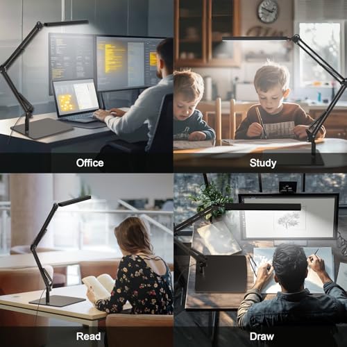 TROPICALTREE LED Desk Lamp for Home Office and Round Base, Clamp-On with 5 Light Modes & Auto Shut Off | 14W Adjustable Brightness 5000K Eye-Caring Lighting for Study/Bedroom/Computer Desk - color: Black