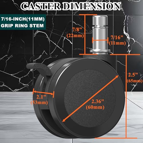 Office Chair Caster Wheels Replacement with Brake, 2.36"(60mm) Casters Replacement for Office Chair or Stool Wheel, Universal Size 11x22mm for Carpet and Hardwood Floors(Set of 5) - size: 11mm Stem With Brakes(Not for Ikea)