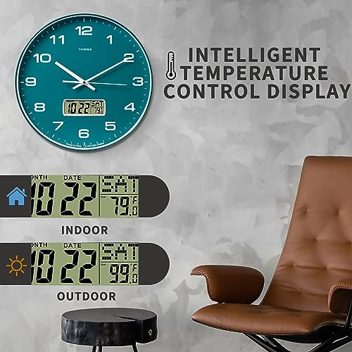 Wall Clock, 14" Large Dial Non-Ticking Silent Battery Operated Analog with LCD Display for Perpetual Calendar and F° Temperature, Ideal Modern Home, Bedroom, Kitchen, Office Decor(Green) | Perpetual calendar, Fahrenheit temperature, easy-to-read analog di
