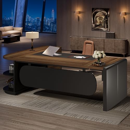 Tribesigns 81-Inch L-Shaped Office Desk, Large Commercial Office Desk with Drawers and File Cabinet, Modern Professional Business Furniture Workstations with Storage Shelves, Brown & Black - color: Brown & Black