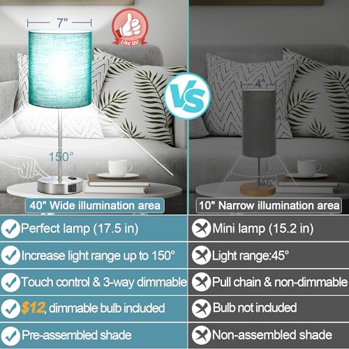 Lynnoland Green Touch Table Lamps Set of 2 with 2 USB & AC Outlet, 3-Way Dimmable Bedside Nightstand Lamps for Bedroom Lamps Living Room Nursery, 800 Lumens 5000K Daylight Bulbs Included - color: Green & Brushed Nickel (Base) - 5000K