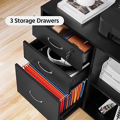 Yaheetech Mobile File Cabinet with Lock, 3-Drawer Printer Stand, Black | Lockable drawer, open shelves, and a printer top organize office files; mobile wood-finish cabinet on wheels, holds 220 lb. - color: Black