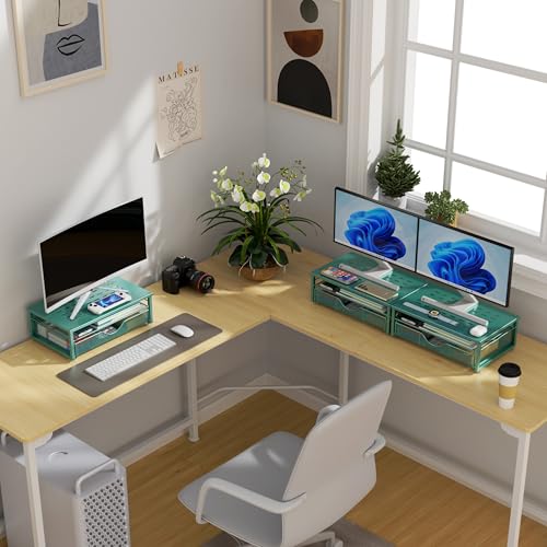 Computer Monitor Stand Riser with Drawer - color: Dark Green
