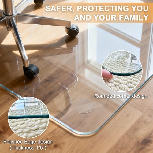 Azadx Tempered Glass Chair Mat for Carpet 46" x 60" Heavy Duty Chair Mat | 1/5" Thick for Carpeted Floor/Hard Floor Easy Glide Carpet Protector with Round Corner and Polished Edge, Scratch-Resistant - size: 46"x 60"x 1/5"Thick