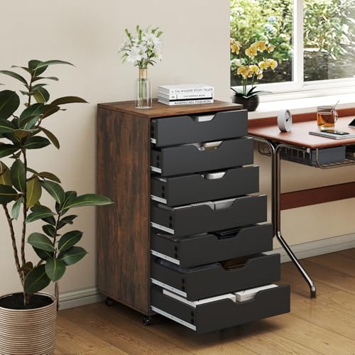 7 Drawer File Cabinet, 34.5" Vertical Storage Drawer Cart, Under Desk Office Organizer, Wooden Printer Stand, Rolling Filing Cabinet for Home Office (Rustic Brown) - color: Rustic Brown, size: 19" x 15.5" x 34.5"