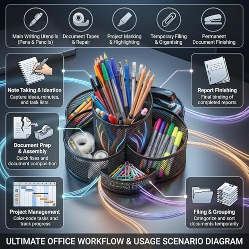Multifunctional Desk Pen Holder,360°Rotating Metal Mesh Pen Holder,Office Learning Stationery Organiser (Black)