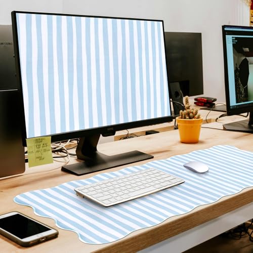 L-SPOUTTO Blue Striped Mouse Pad,Scalloped Desk Mat XXL Large Geometric Gaming Mousepad,35.4x15.7in Non-Slip Rubber Base Keyboard Pad Waterproof Desktop Mat for Laptop Computer Game Home Office - color: Blue Striped