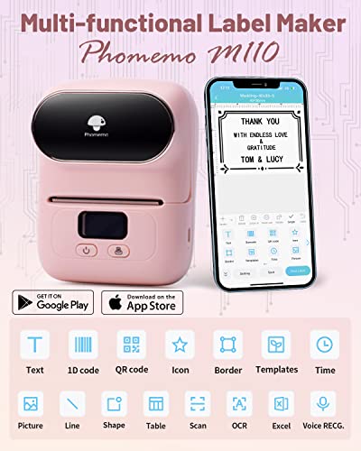 Thermal Label Maker - M110 Portable Bluetooth Barcode Label Printer | Labeler Maker Machine for for Small Business, Address, Logo, Clothing, Mailing, with 40x30mm Label, Pink - color: Pink