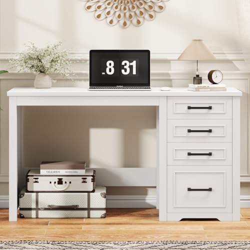 Vabches Farmhouse 49” Executive Desk with File Drawer, Cream White | 4 Drawers Reversible Computer Desk with Storage, Rustic Home Writing Workstation for Home Office - color: 49in Cream White