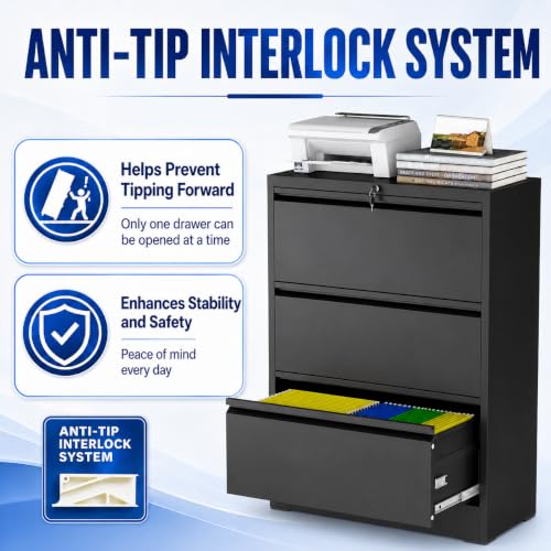 3 Drawer File Cabinet with Lock, Metal File Cabinet, Black - color: Black, size: 40.4"H - 3 Drawer