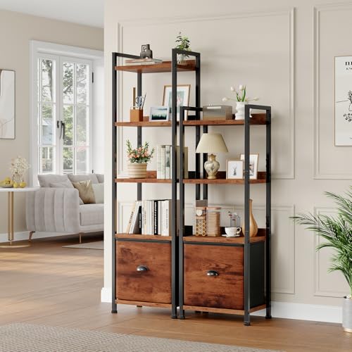 DUMOS 4 Tier Bookshelf with Fabric Drawer, Display Standing Shelf, Brown - color: Rustic Brown, size: 4 Shelf with Fabric Drawer